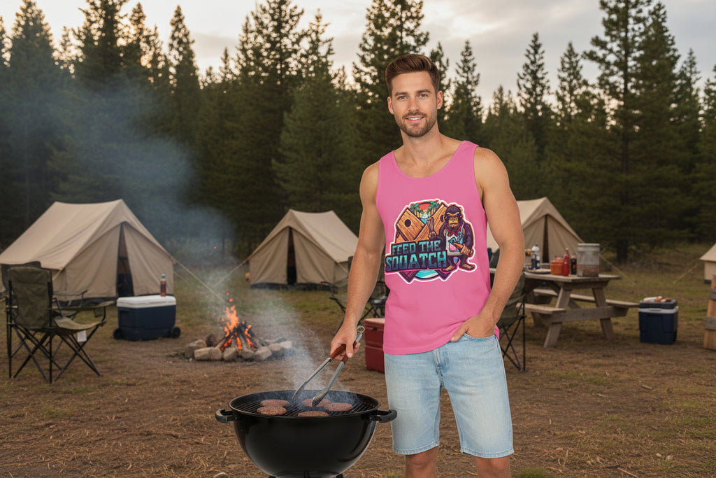 Neon Palms Crunchberry Tank Top — Retro Beach Bigfoot Graphic Tank with Neon Badge
