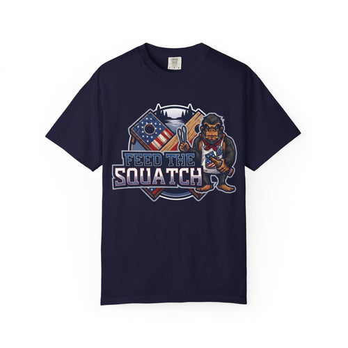 Feed The Squatch Patriotic Blue Edition — Bigfoot Graphic Tee with American Flag Badge