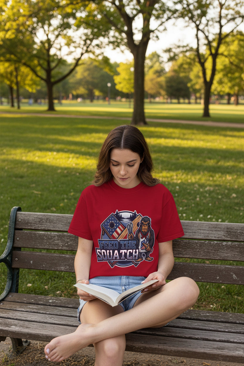 Feed The Squatch Patriotic Red Edition — Bigfoot Graphic Tee with American Flag Badge