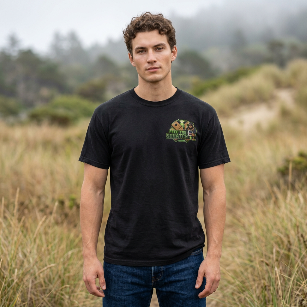 Feed the Squatch Michigan Pines Edition — Bigfood Graphic Tee with wilderness badge