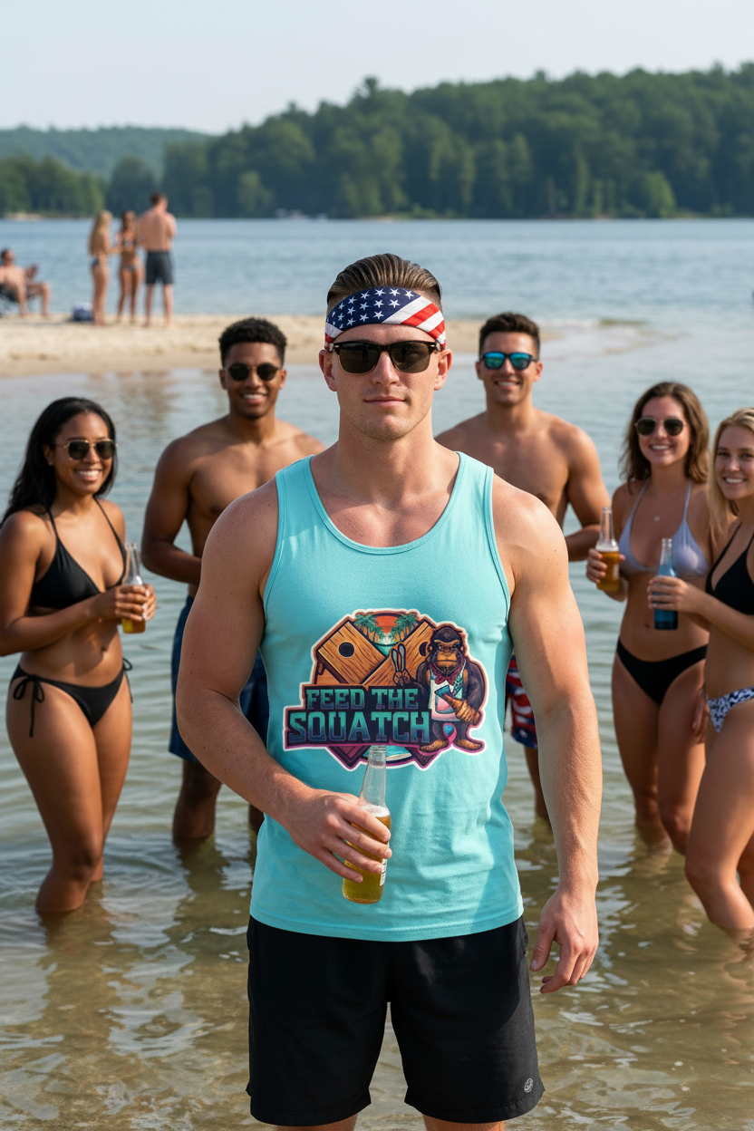 Neon Palms Blue Lagoon Tank Top — Retro Beach Bigfoot Graphic Tank with Neon Badge