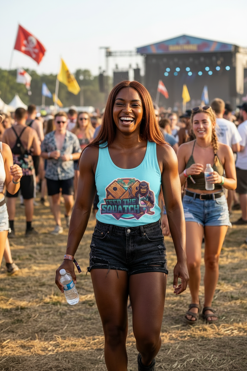 Neon Palms Blue Lagoon Tank Top — Retro Beach Bigfoot Graphic Tank with Neon Badge