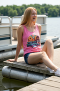 Neon Palms Crunchberry Tank Top — Retro Beach Bigfoot Graphic Tank with Neon Badge