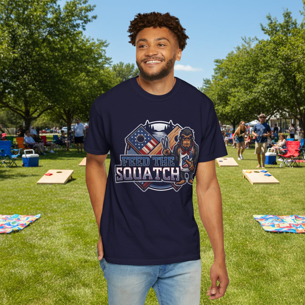 Feed The Squatch Patriotic Blue Edition — Bigfoot Graphic Tee with American Flag Badge