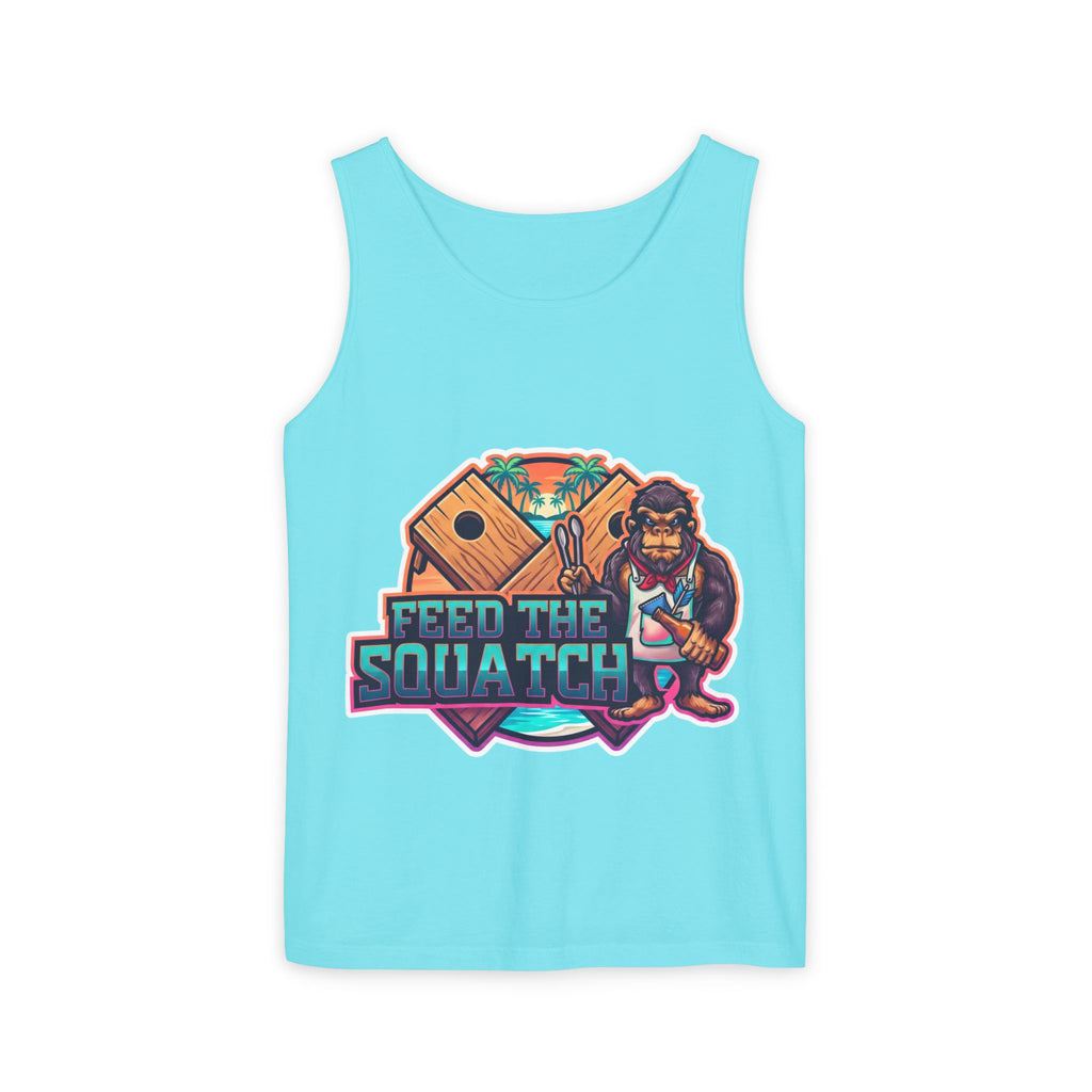 Neon Palms Blue Lagoon Tank Top — Retro Beach Bigfoot Graphic Tank with Neon Badge