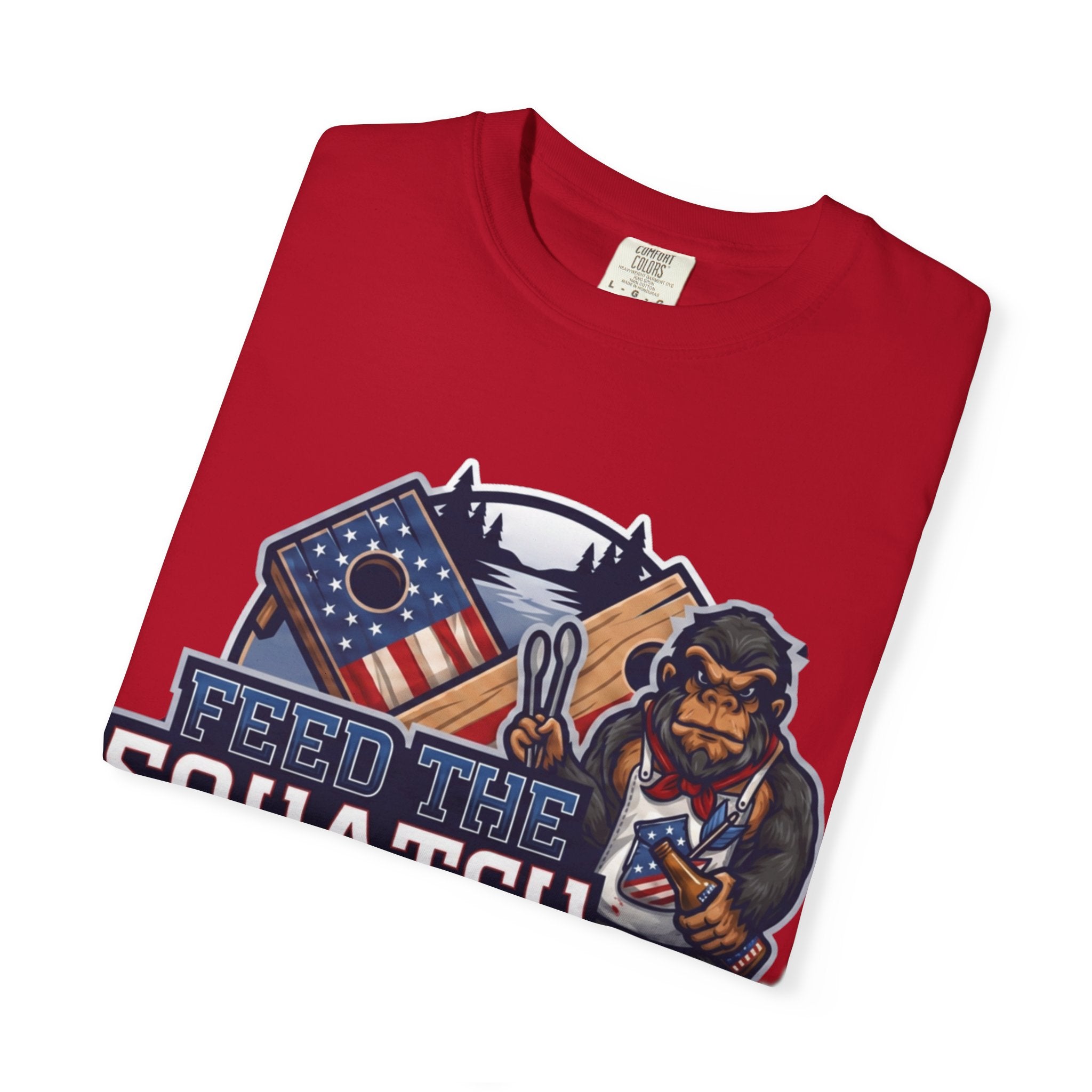 Feed The Squatch Patriotic Red Edition — Bigfoot Graphic Tee with American Flag Badge