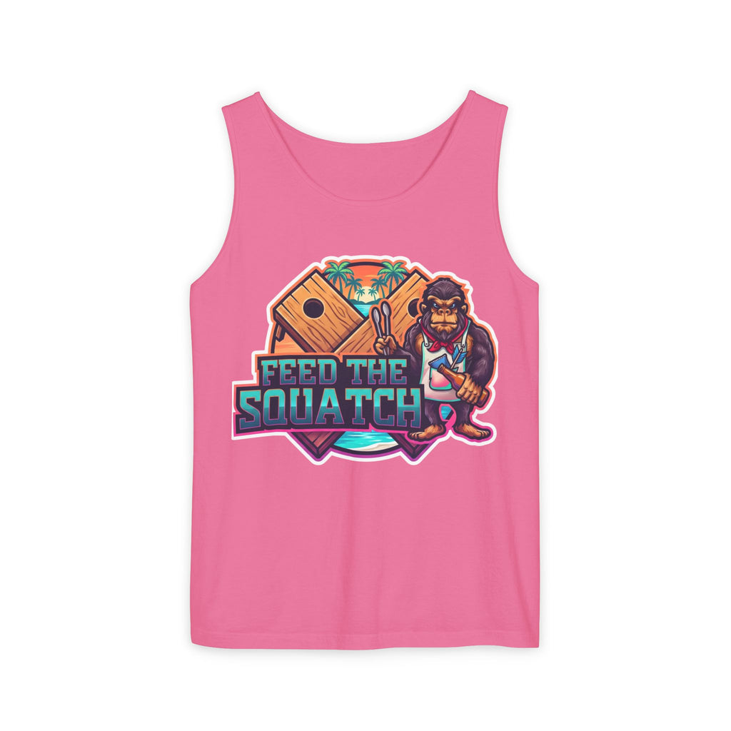 Neon Palms Crunchberry Tank Top — Retro Beach Bigfoot Graphic Tank with Neon Badge