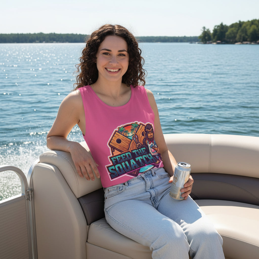 Neon Palms Crunchberry Tank Top — Retro Beach Bigfoot Graphic Tank with Neon Badge