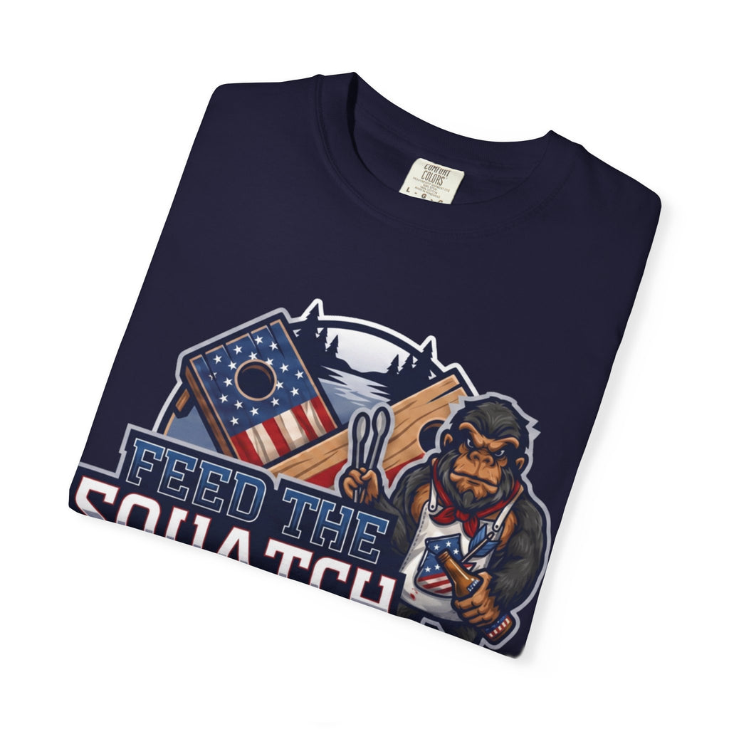 Feed The Squatch Patriotic Blue Edition — Bigfoot Graphic Tee with American Flag Badge