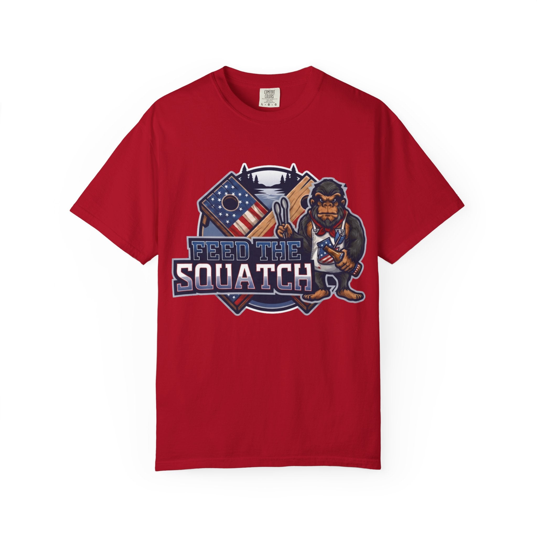 Feed The Squatch Patriotic Red Edition — Bigfoot Graphic Tee with American Flag Badge